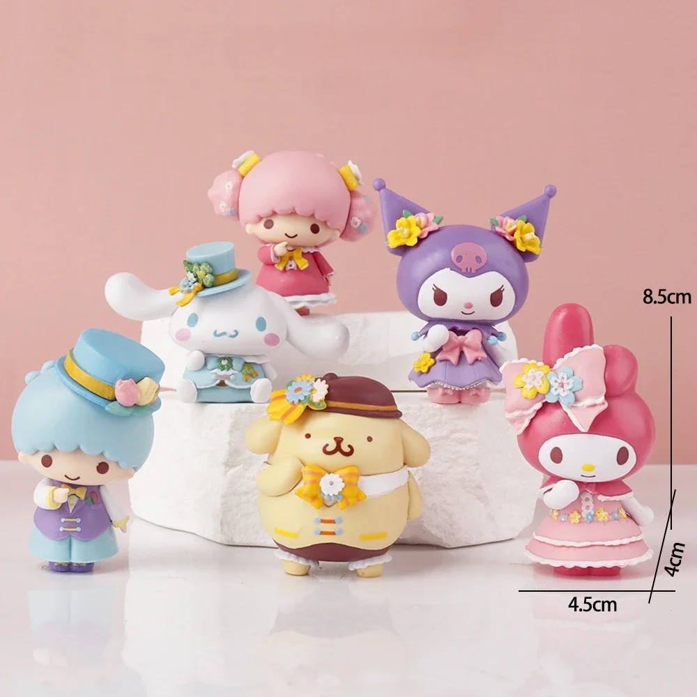 

6pcs/Set Anime Sanrio Melody In Bloom Kuromi Pacha Dog Big Eared Dog Cartoon Mini Cute Figure Cake Decoration Ornament