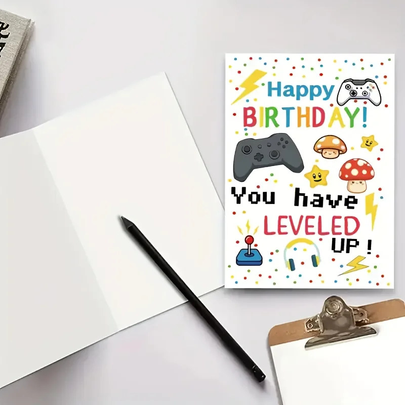 1 Stück Festliche Videospiel-Geburtstagskarte mit Umschlag, in der es darum geht, Ihnen alles Gute zum Geburtstag zu wünschen, als Gamer im Leben. Geburtstagsgeschenk. – Detail 1