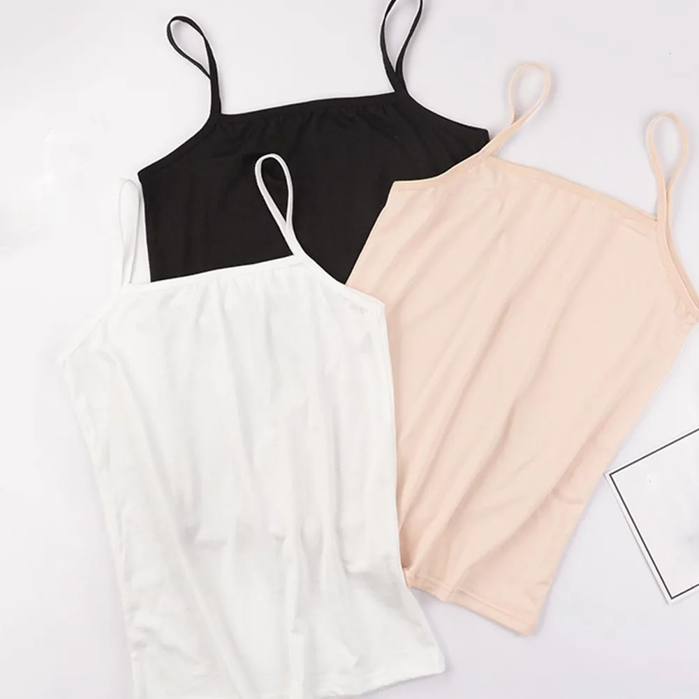 Long Camis Bra Elastic Strap Women Layering Basic Tanks Top Solid Cotton Chest Pad Summer Camis T-Shirt
