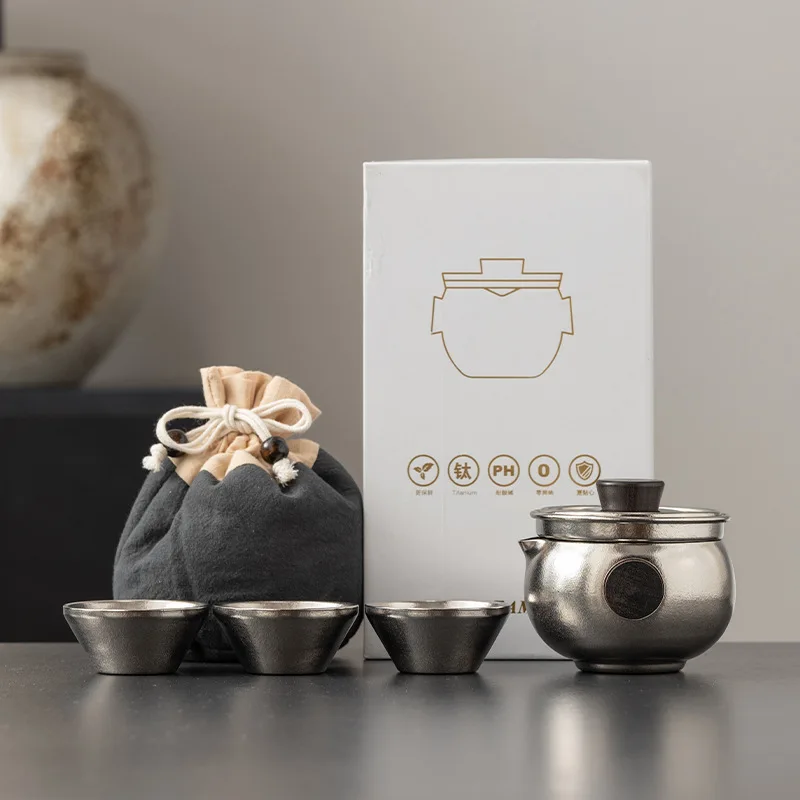 - Premium Pure Titanium Portable Gongfu Tea Set, 1 Pot 3 Cups Double-walled Insulated Teapot, Handcrafted Outdoor Tea Ware