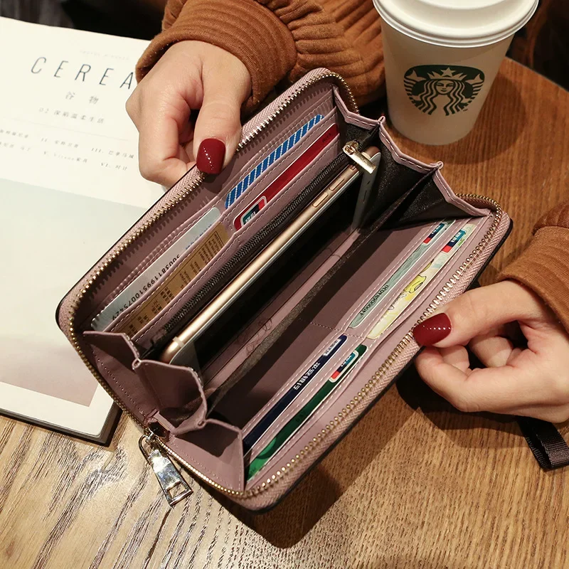 Leisure Pure Color Korean Version Large Capacity Hand-Held Long Card Money Mobile Phone Bag Wallet Purse for Women