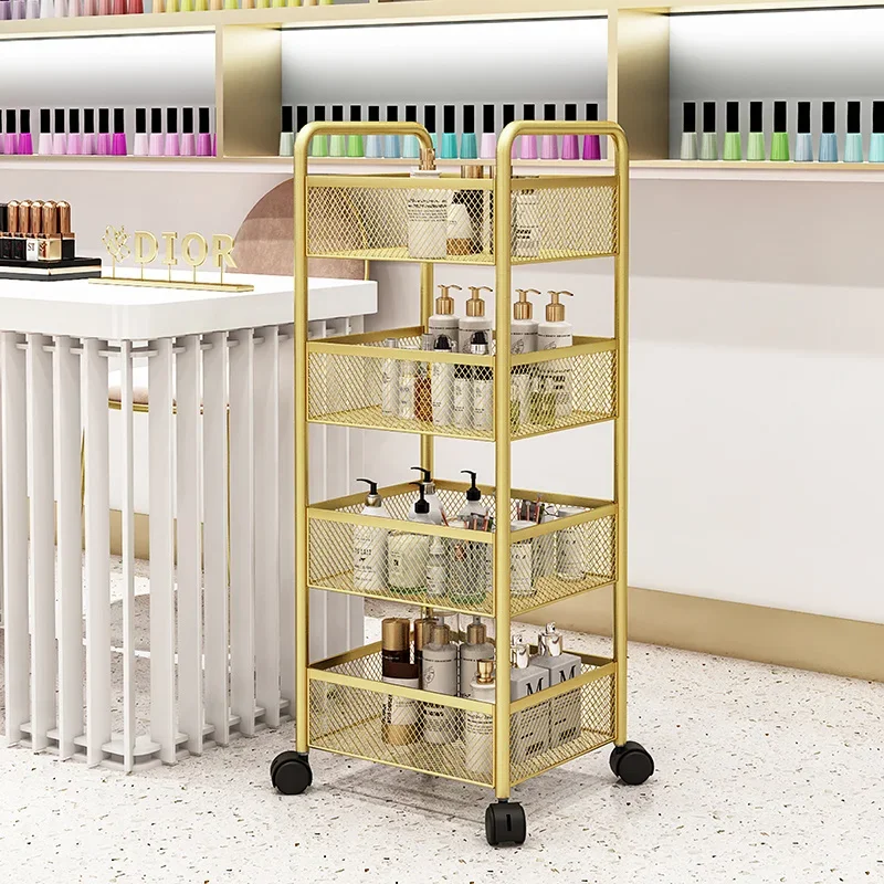 

Beauty Salon Organizer Cart With Wheels Nail Tattoo Special Gold Auxiliary Cart With Wheels Multi-functional Storage Rack