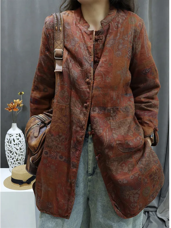 Retro Ethnic Print Chinese Button Jacket Women's Loose Large Size Belly Cover Casual Cotton Linen Top Breathable Warmth Stand...