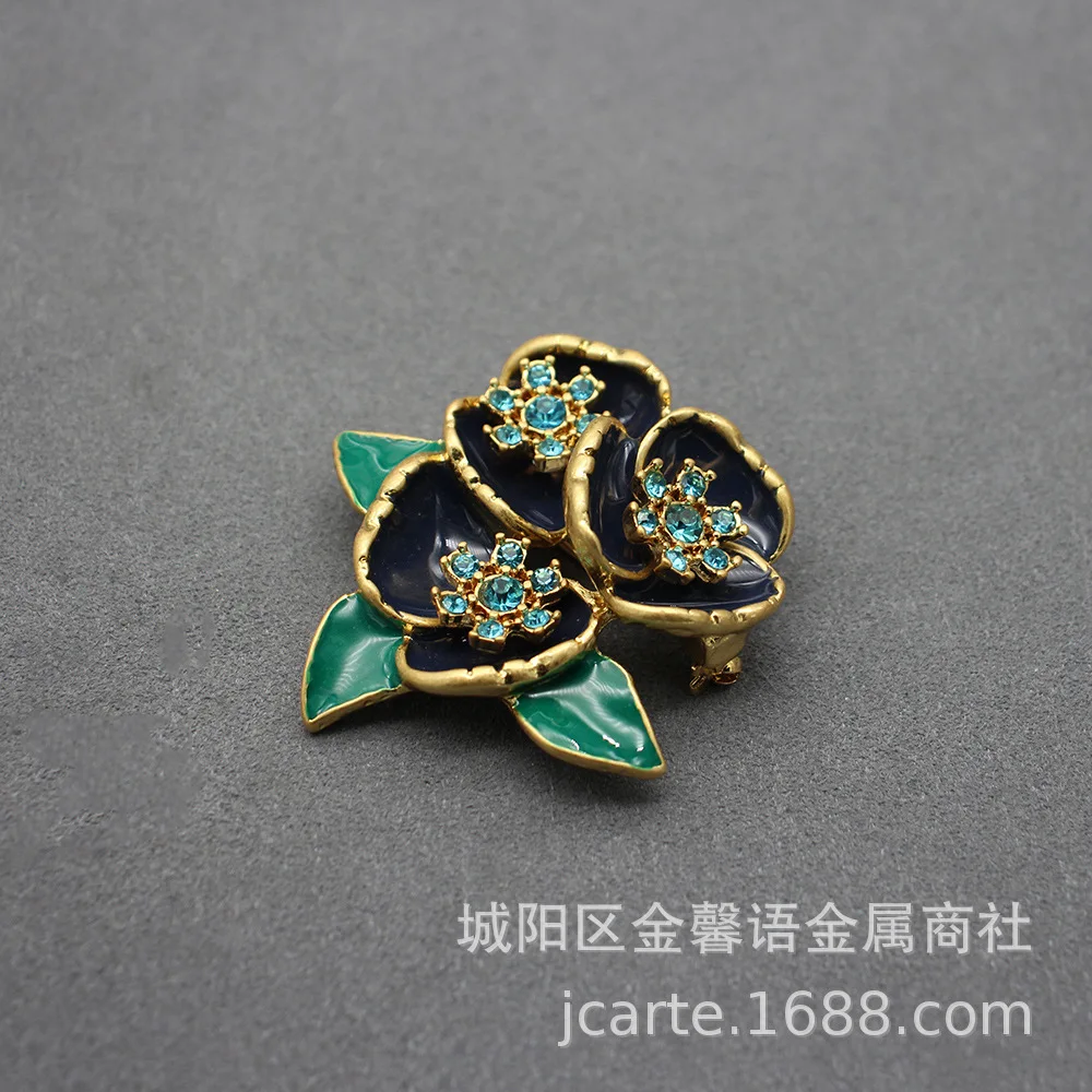 

Orchid Flower Vintage Set Series Brooch Blue Flower Diamond Enamel Brooch Earring Set Antique Camellia Stud Earrings