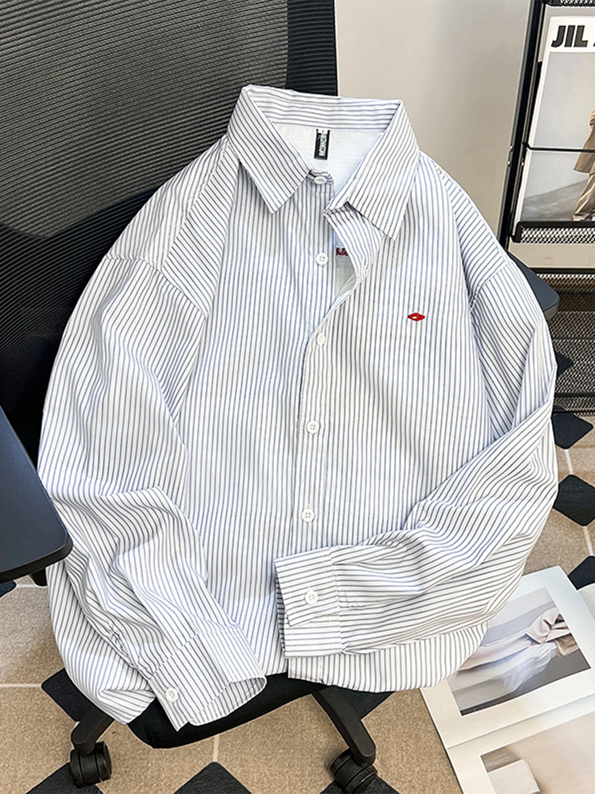 

Loose Fit Long Sleeve Striped Shirt Unisex Spring Autumn New Style Cityboy Open Shirt Jacket Youth Fashion Retro Japanese Style