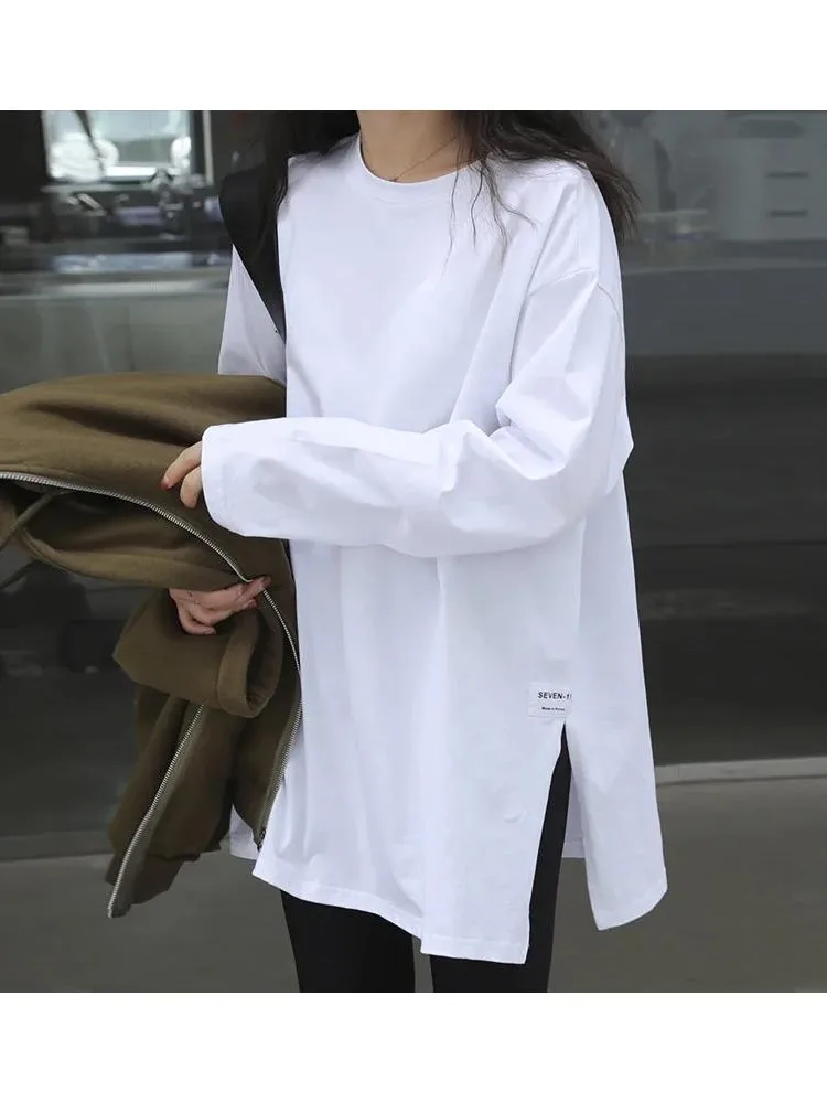 Stylish Women's T-shirt 2024 Autumn Collection New Solid Color Side Slit Long Sleeve Top Base Layer Crew Neck Design