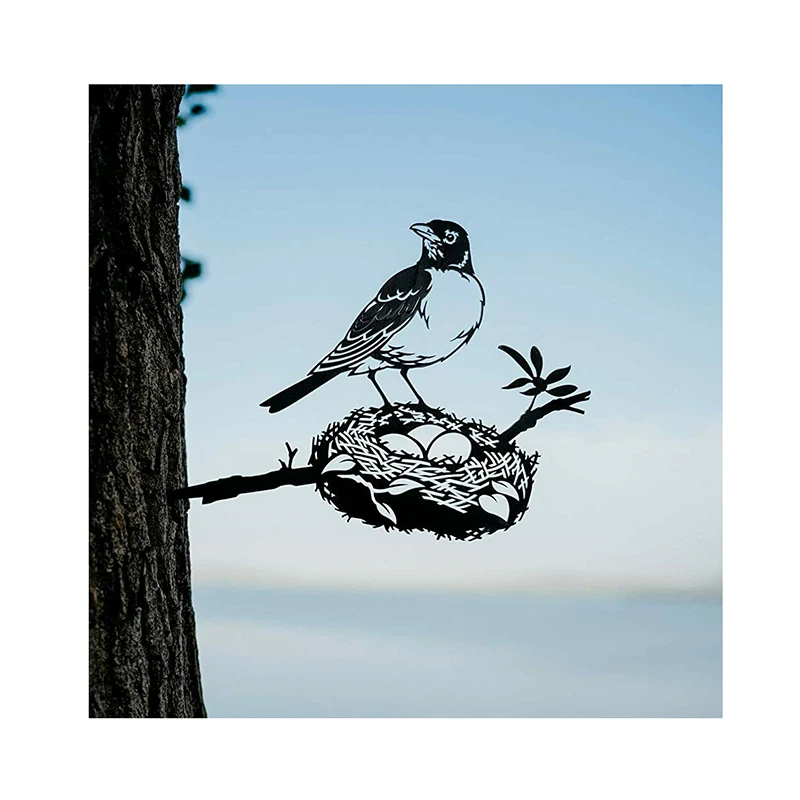 Robin With Nest Decoration Garden  Backyard Tree Art  Silhouette Art Retro Metal Plate Family Door Yard Decoration