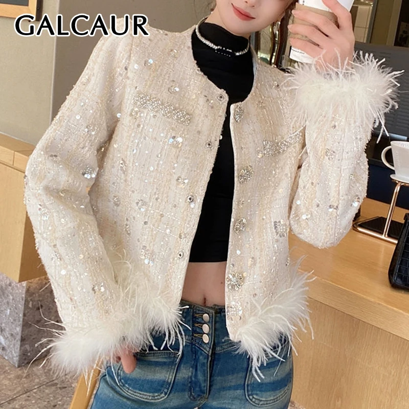 

GALCAUR Elegant Style Spliced Fur Coat For Women Round Neck Long Sleeve Patchwork Sequined Luxury Office Short Coats Female New