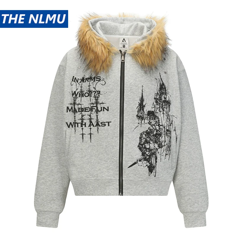 2025 Autumn Hip Hop Zip Up Hoodie Jacket Y2K Retro Graffiti Fur Collar Hooded Sweatshirt Coat Harajuku Streetwear Clothing