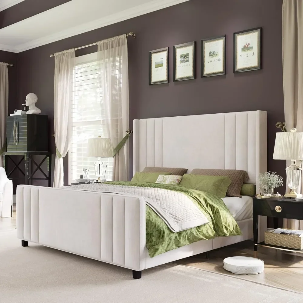 Bed Frame, Velvet Upholstered Platform Bed with Vertical Channel Tufted Headboard & Footboard