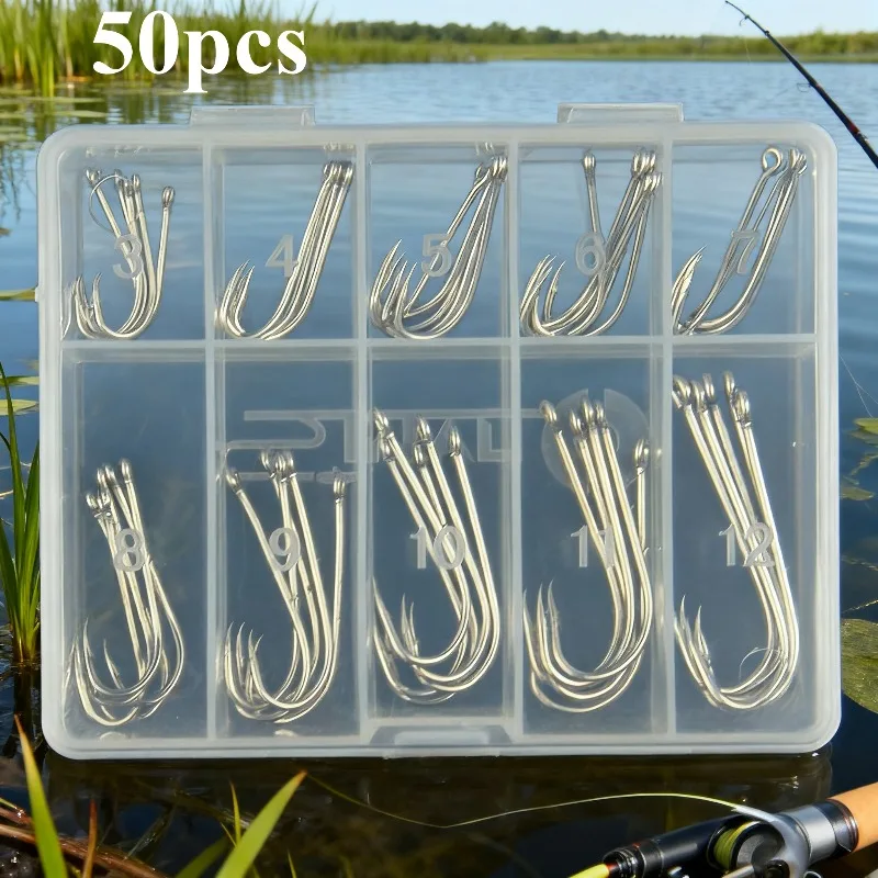 50 Long-Shank Hooks in Mixed Sizes - High Strength, Good Corrosion Resistance, Suitable for Both Freshwater and Saltwater