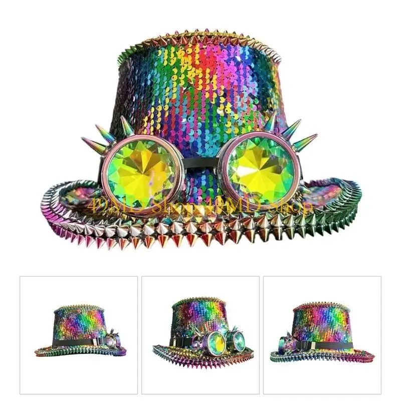 49MD Goggles Rivet Studded Flat Top Hat for Women Shimmering Seuiqned Hat Birthday Party Captain Hat for Formal Event Outfit