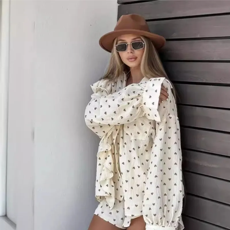 Women Love Printed Ruffles Cotton Shorts 2 Pieces Set Chic Lapel Long Sleeve Shirt Sets New Elegant Female Outfits Shorts Suit