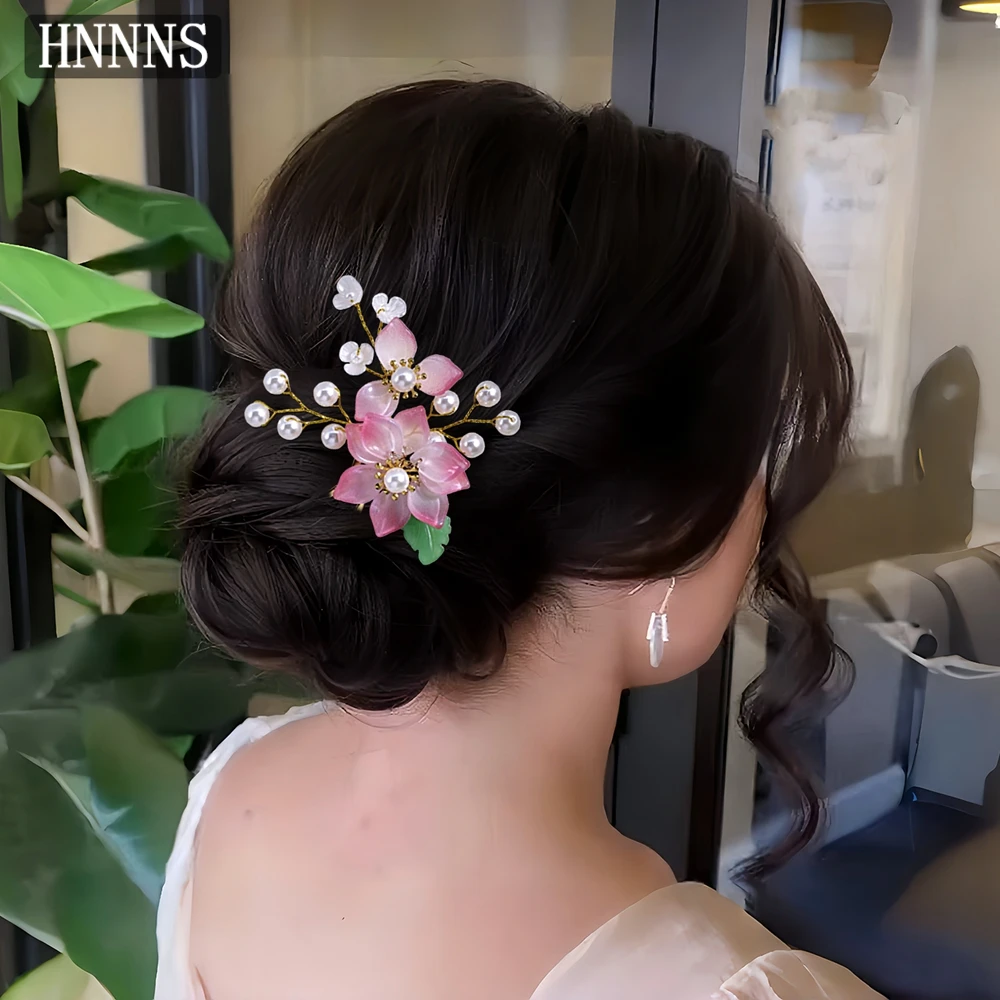 

HNNNS Vintage Flower Hairpin Elegant Chinese Style Resin Flower Hair Clips for Girls Exquisite Fairy Metal Hair Accessories A397