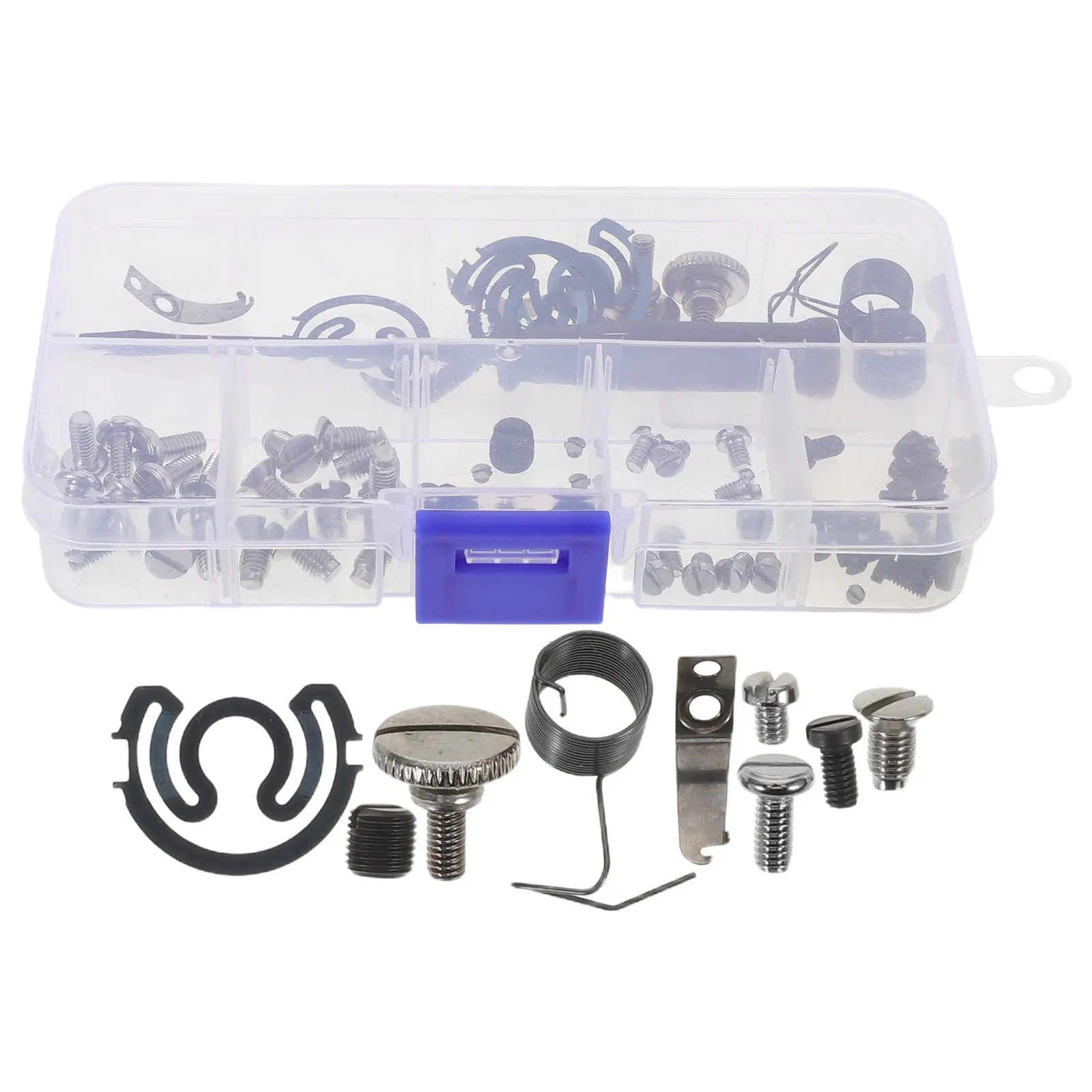 

Набор для ремонта швейных машин: металлические крепежные элементы, пружины регулировки натяжения шпульки, сменные винты для игольной пластины, простые в установке.