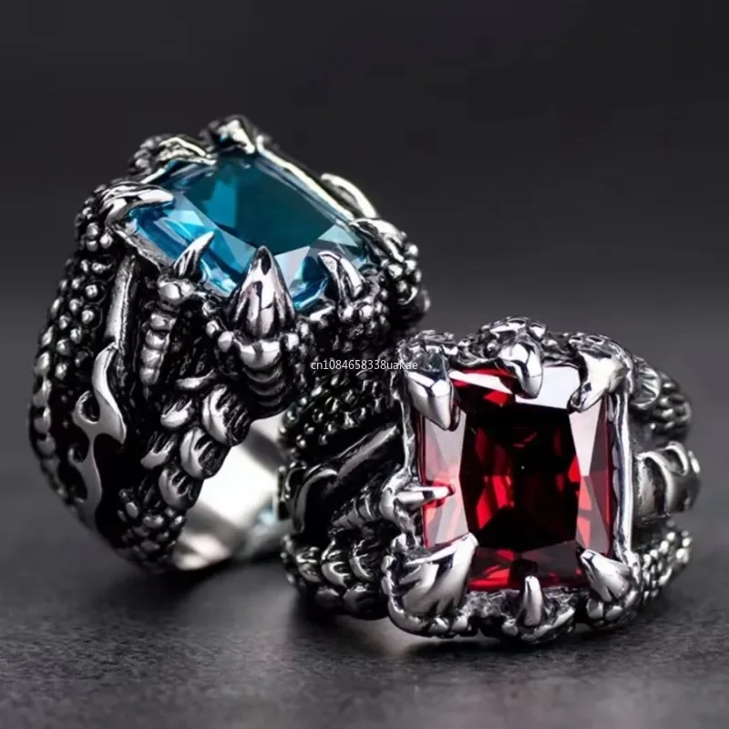 1Pc Gothic Blue and Red Crystal Evil Demon Dragon Claw Ring for Men Gram Biker Punk Rock Hip Hop Cool Jewelry Accessories кольца