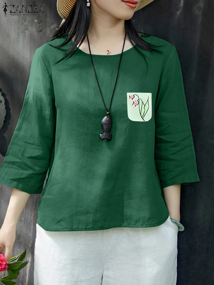 

ZANZEA Fashion Women Cotton Blouse Print Tunic Tops 2025 Autumn 3/4 Sleeve Casual Loose Blusas Femininas Vintage Ladies Shirts
