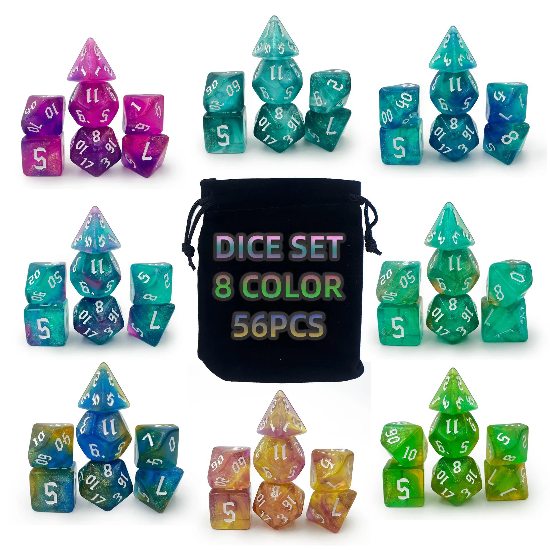 

56 шт. акриловые многогранные игральные кости TRPG, цифровые прозрачные двойные цвета с блестками для настольной ролевой игры DND COC