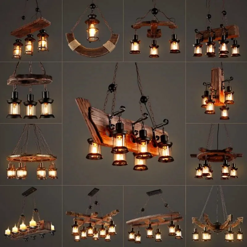 

Retro Wood E27 LED Ceiling Lamp Antique Industrial Chandelier Lighting LOFT Bar luminaire Vintage Pendant Lights lustre