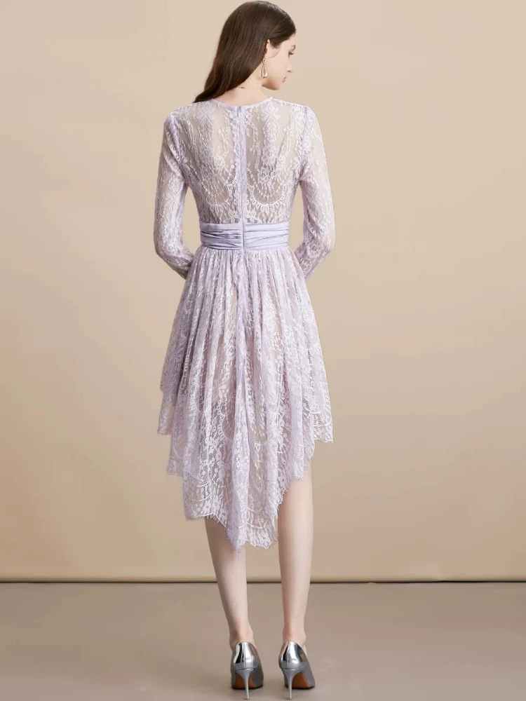 Sexy Lace Dress Long Sleeve Round Neck Irregular Hem See Through Camisole Slip Elegant Chic Lady Party Evening Women Gown