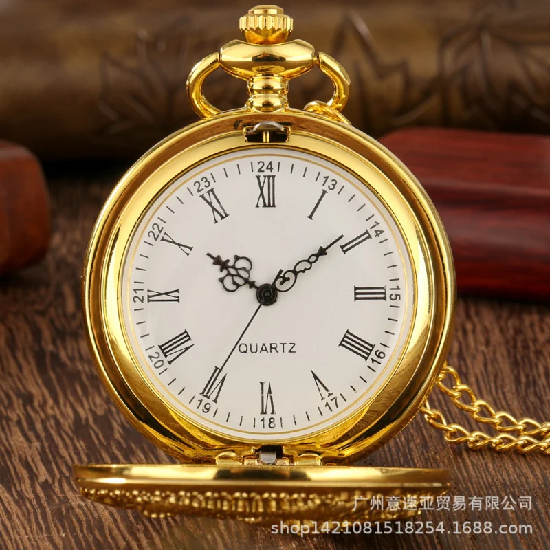 2024New Quartz Movement Large Pocket Watch Golden Hollow Dragon Roman Literal Factory Spot Direct Sales Generation