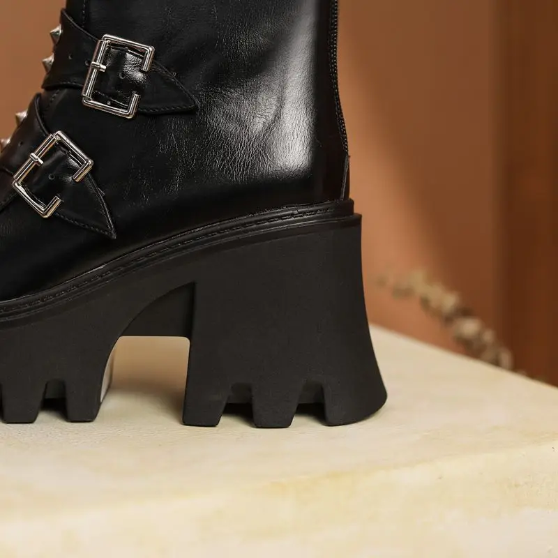 REAVE CAT Women Boots Toe Block Heels 9cm Platform 5cm Rivets Decor Size 43 44 Bota