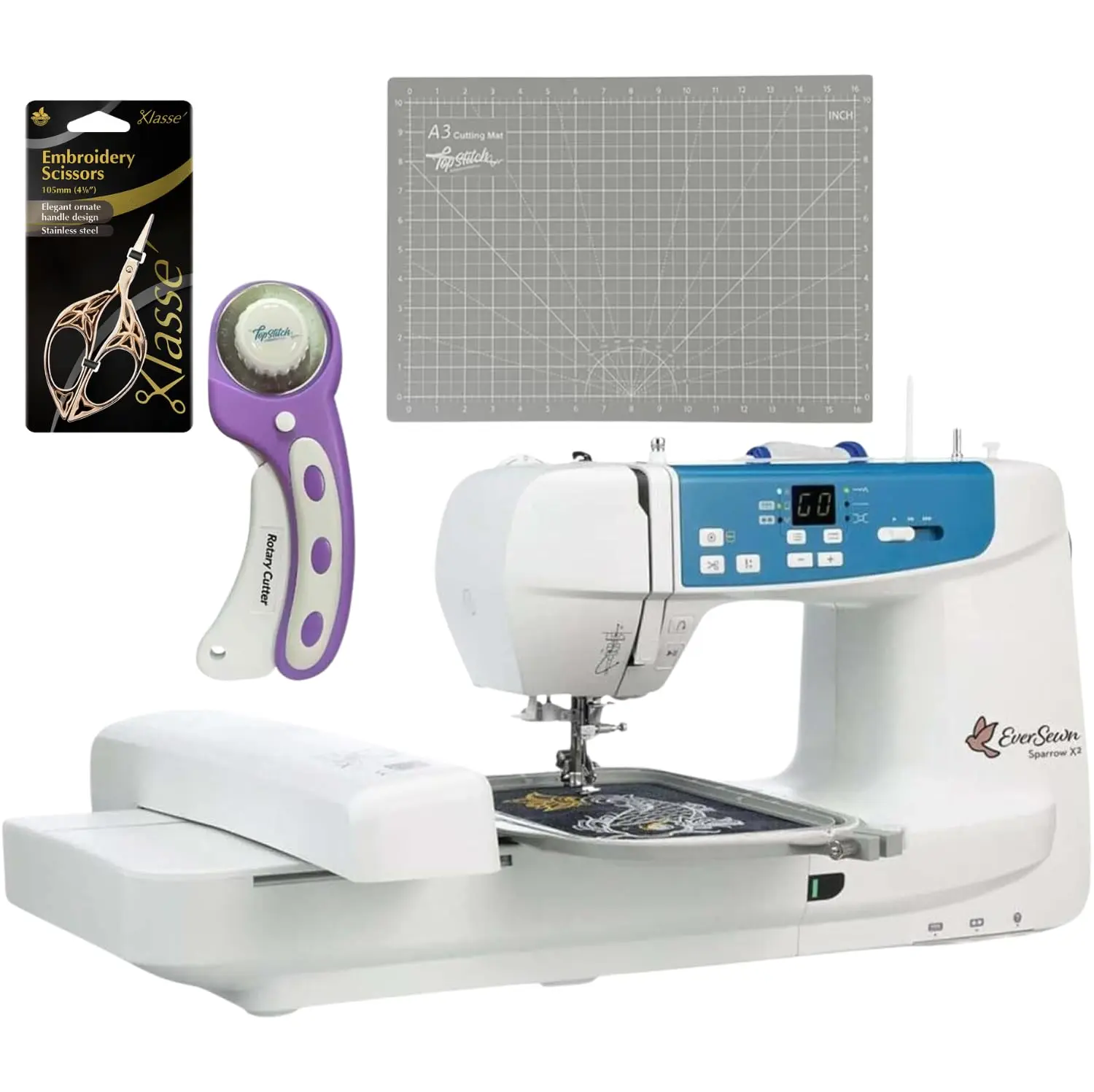 

EverSewn Sparrow X2 Sewing & Embroidery Machine Bundle with Scissors, Rotary Cutter, Cutting Mat, and Over 120, Customized