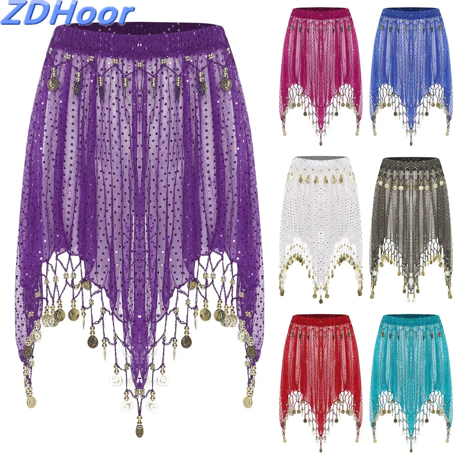 

Womens Tassel Sequined Dance Skirt Crisp Sound Making Sheer Mesh Irregular Hem Elastic Waist Skirt for India Folk Belly Dance