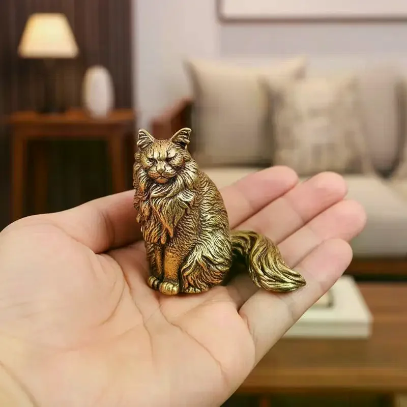 Hand Polished Maine Coon Miniature Figurine Pure Brass Small Cat Statue Lovely Desktop Ornament for Bedroom Desk Gift Cat Lovers