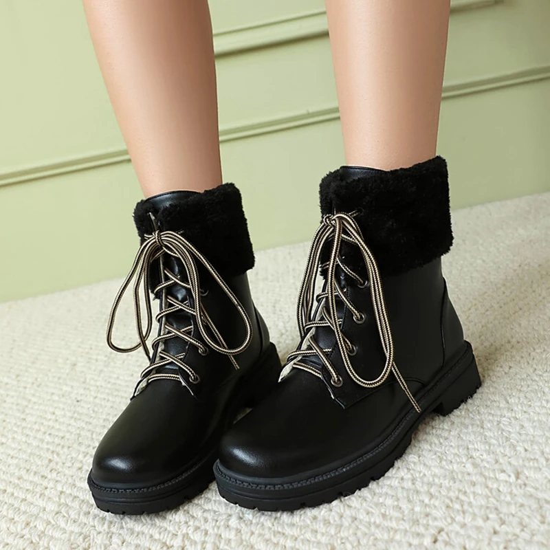 ORCHALISA Ladies Snow Ankle Footwear Square Low Heel 3cm Thin Platform Lace Up Extended Sizes 40 41 42 43 Event Shoes
