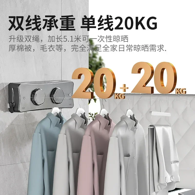 Retractable clothesline No punch indoor clothesline hanging drying double line invisible shrink clothesline wire balcony
