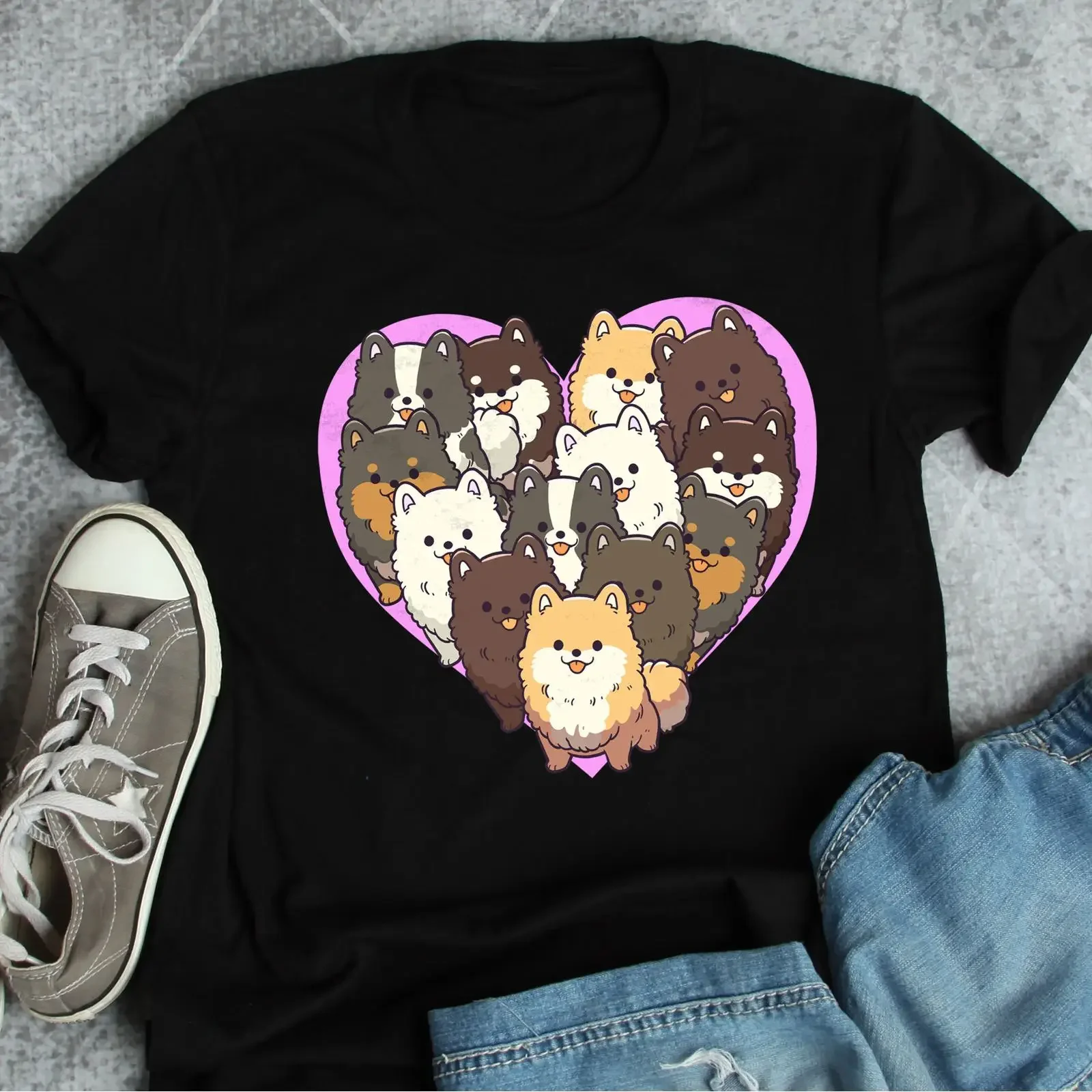 Cute Pomeranian Heart T shirt Funny Dog Lover for Mom Dad Pet with Multi color Poms vintage Washed Comfortable streetwear