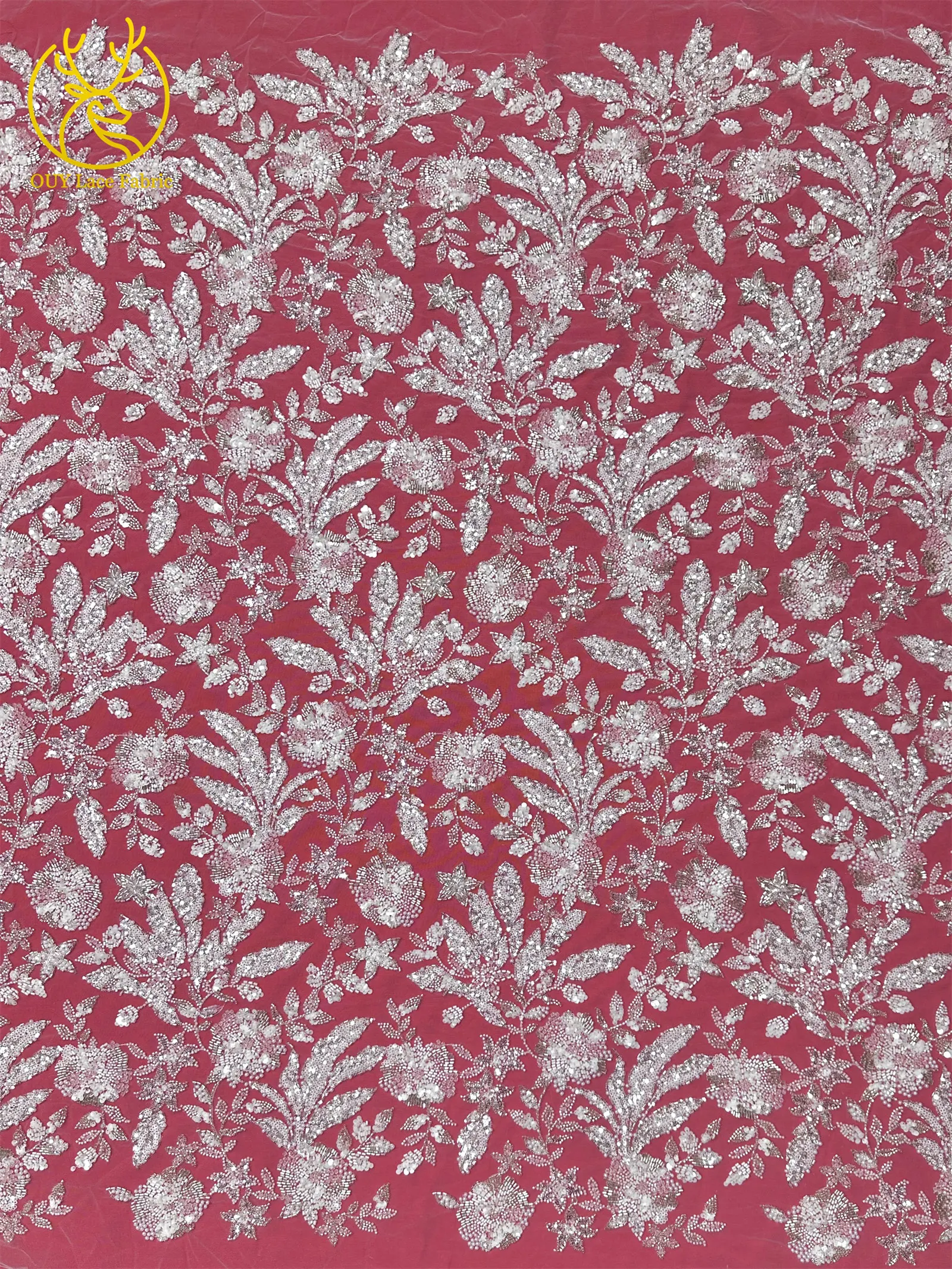 Modischer nigerianischer bestickter Perlen-Spitzenstoff, eleganter afrikanischer Pailletten-Netzstoff für Brautkleider und Partykleider zum Nähen – Detail 12