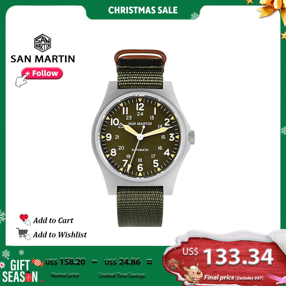 

San Martin 38mm NH35 Retro Military Pilot Watch Bead Blasted Case Automatic Mechanical Watches for Men 10Bar Waterproof Luminous