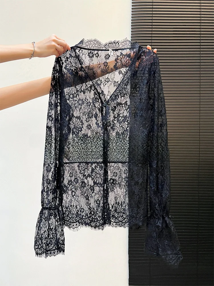 

Black Lace Base Shirt Women's Spring Lightweight Luxury Layering Suit Inner Hollow Top Autumn Winter V-neck Floral Trim