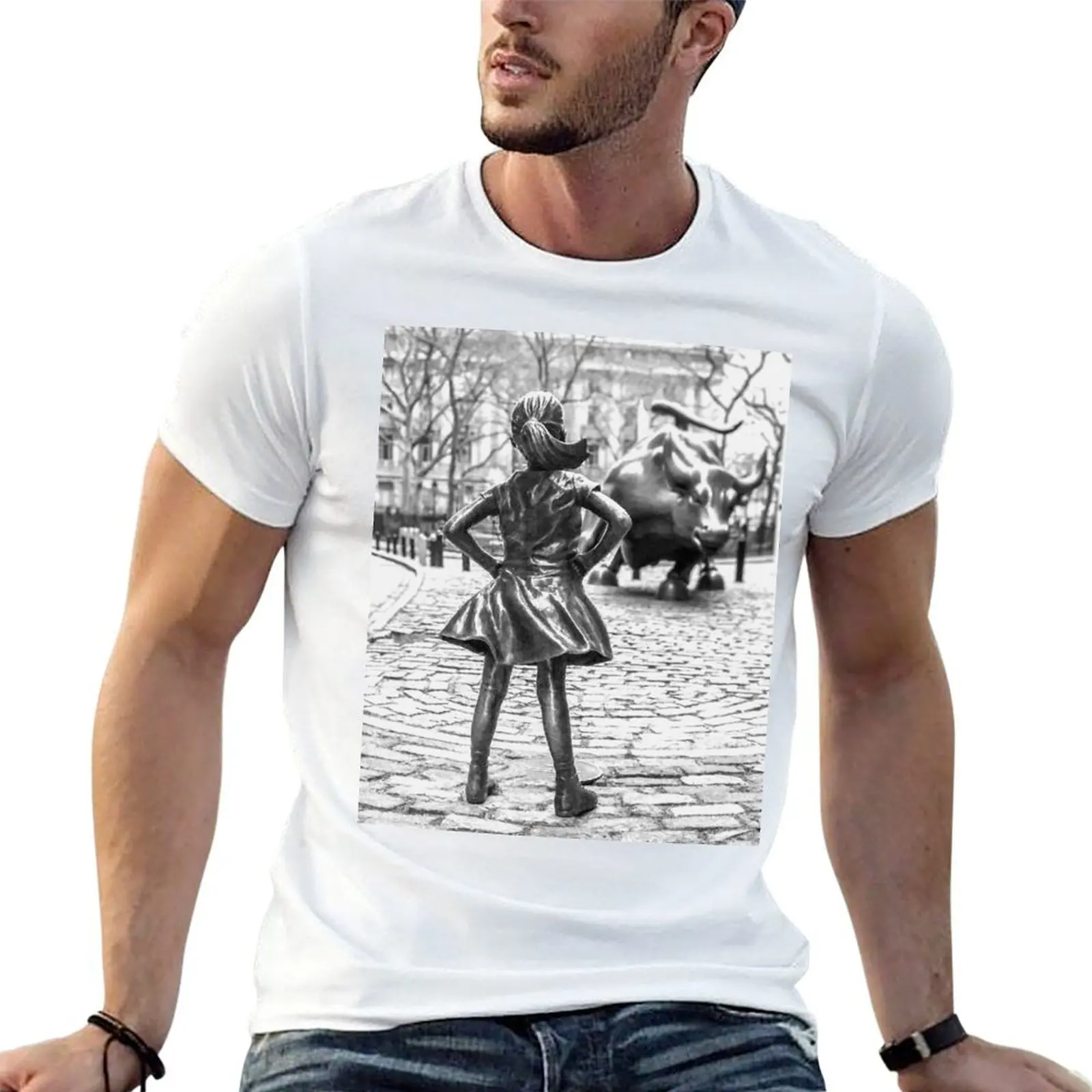 T-Shirt Fearless Girl And Wall Street Bull Statue - New York, T-Shirt pour hommes, 100% coton, T-Shirt décontracté pour hommes