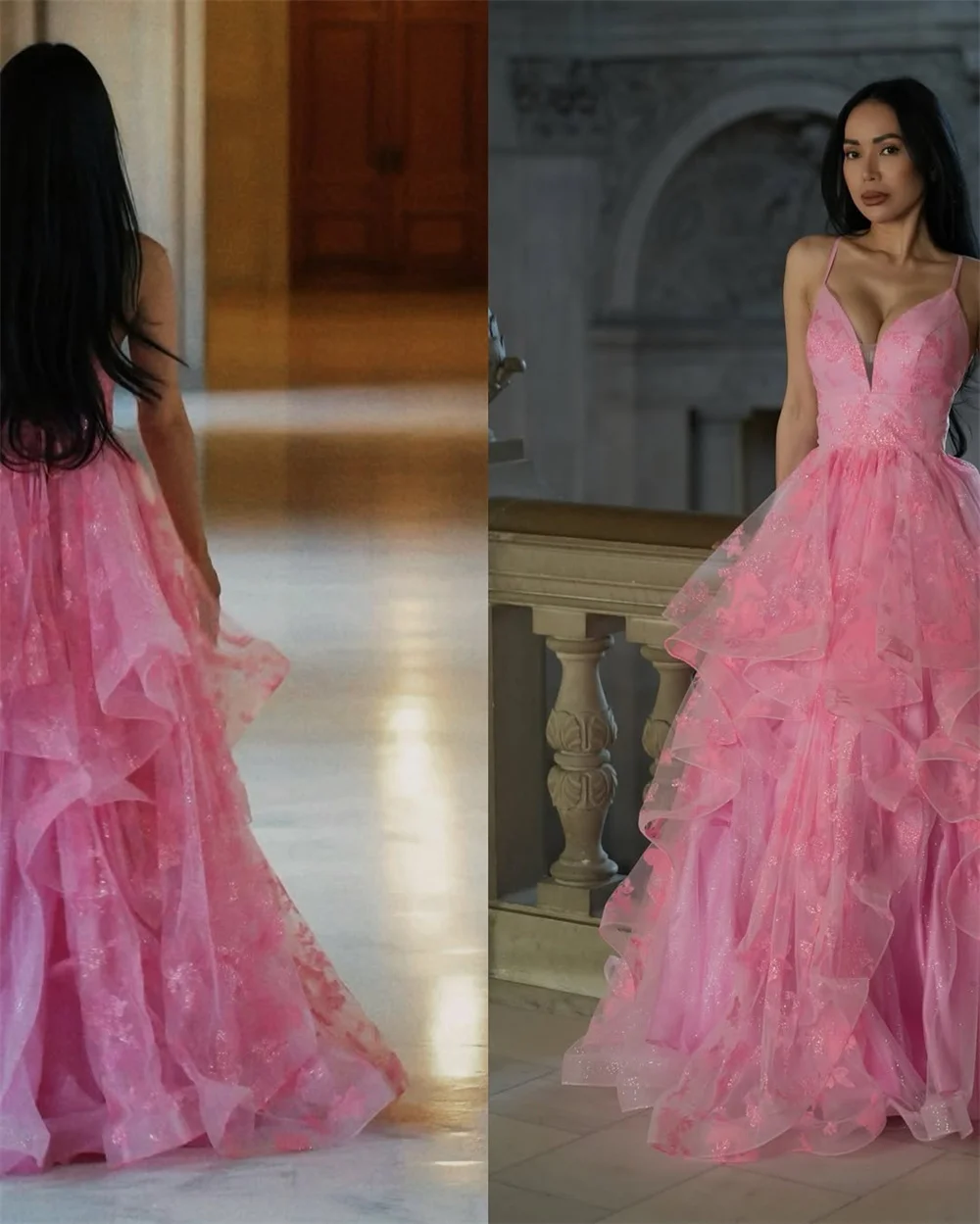 Contessa Custom Roze Glitter Tule Galajurk Spaghetti Band Diepe V-hals Baljurk Ruche Rok Voor Vrouwen Formele Avondfeest