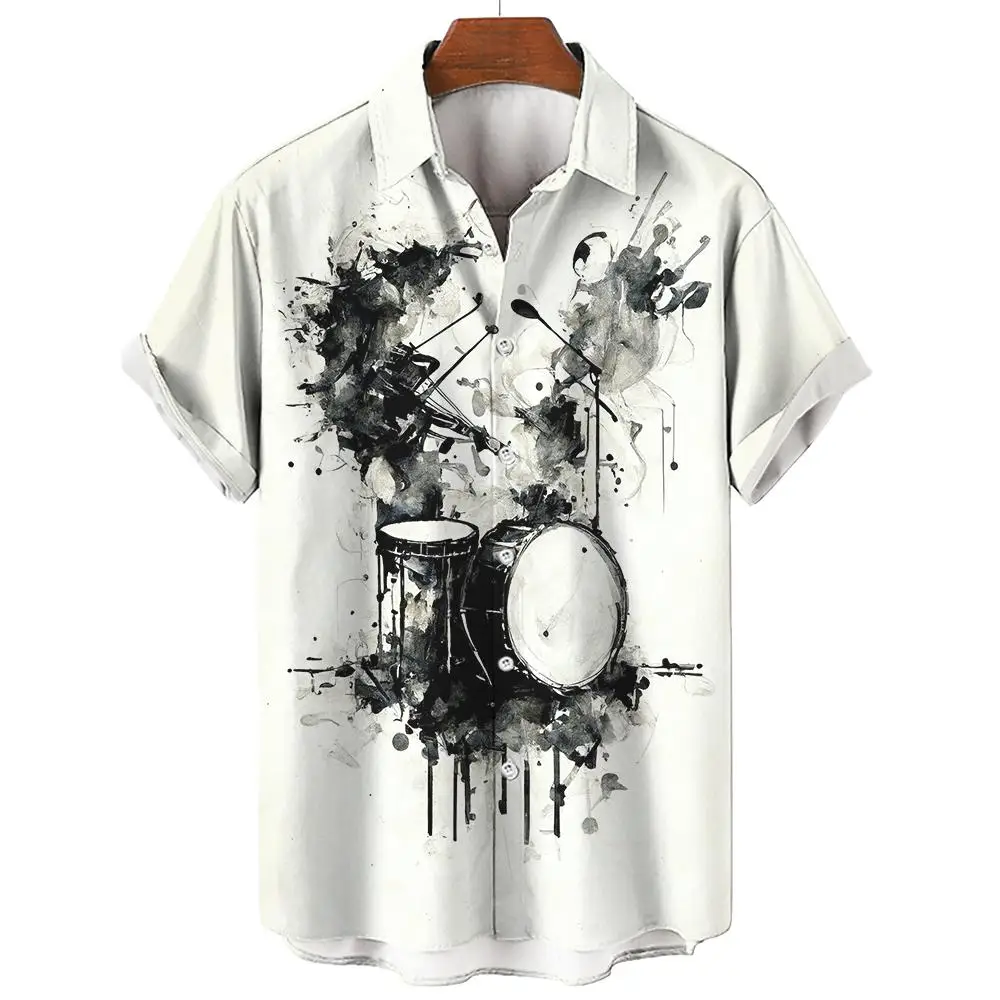 Camisa colorida de música havaiana masculina, camisa de rock estampada guitarra saxofone 3D, manga curta para praia, casual tops grandes, blusa