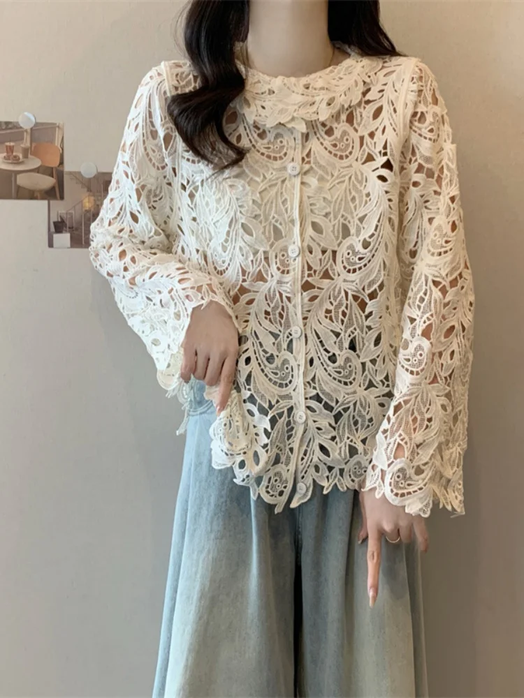 

SMTHMA Women's Loose Lace Hollow Out Flower Blouse Ladies New Spring blusas para mujer Vacation Boho Outfit