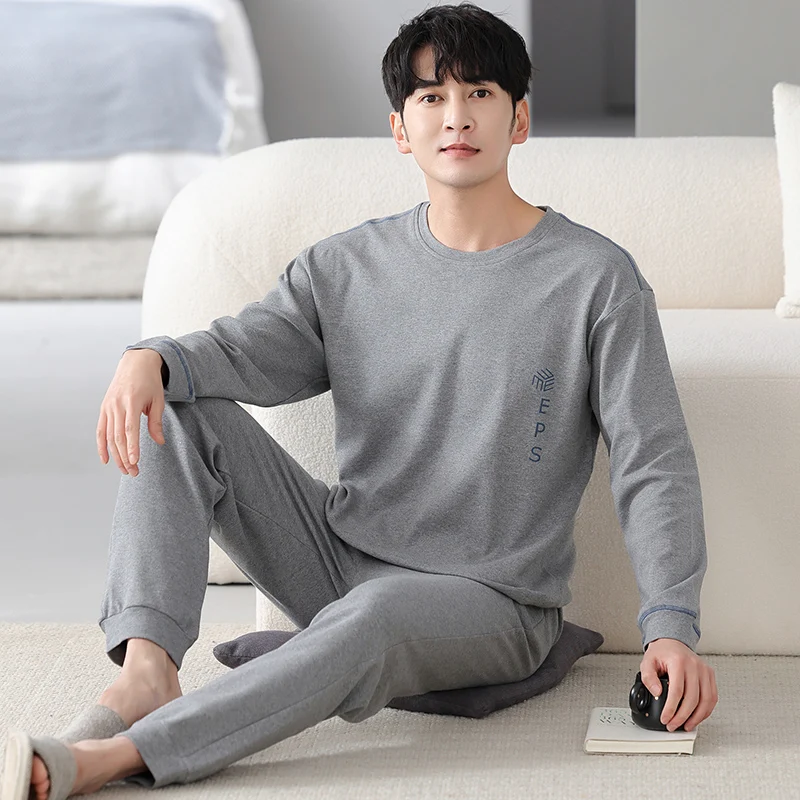 Newest Spring M-4XL Men Pajamas Set 100% Cotton Long Sleeve Sleepwear Autumn Home Clothes