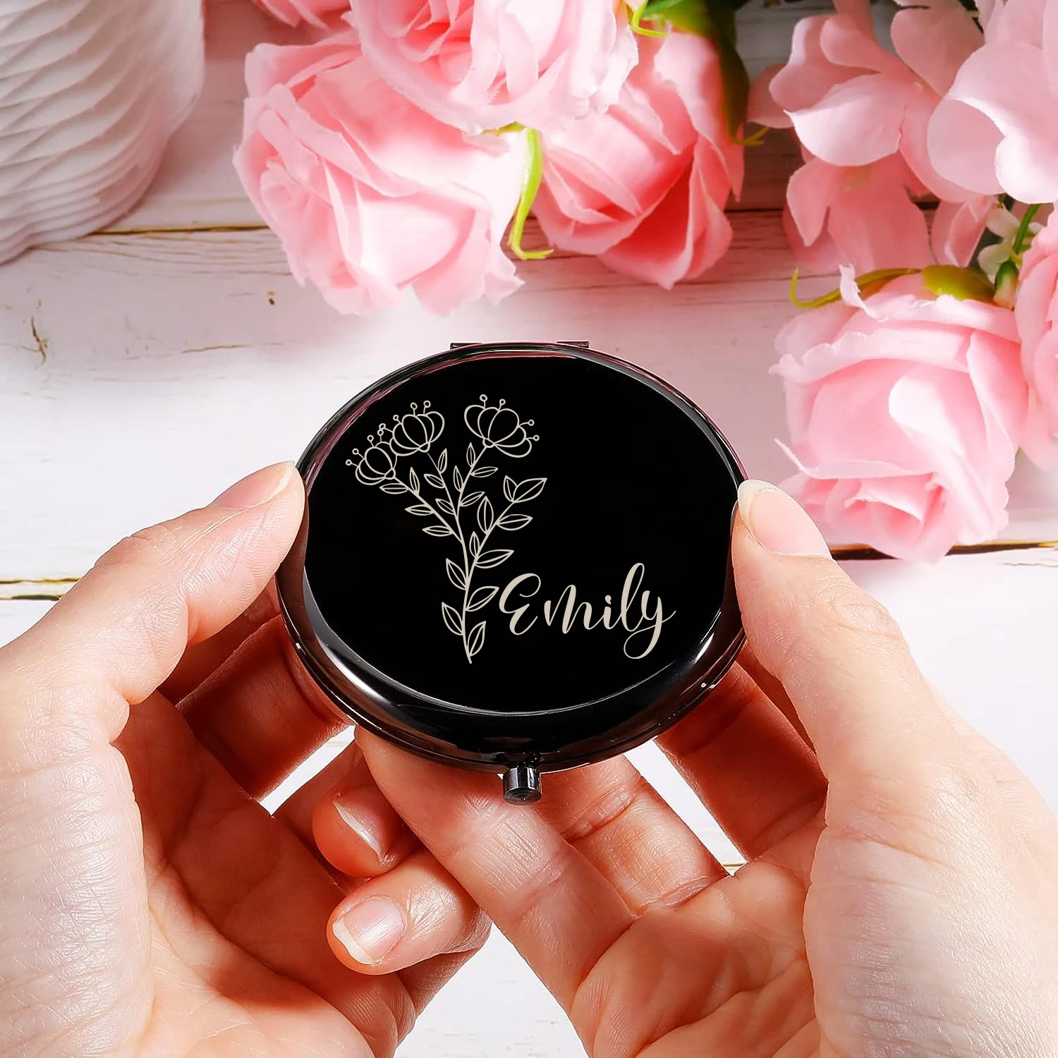 

1pc flowers cute Old Engraving Custom Name Makeup Mirror Metal Sliver Wedding Guest Gifts