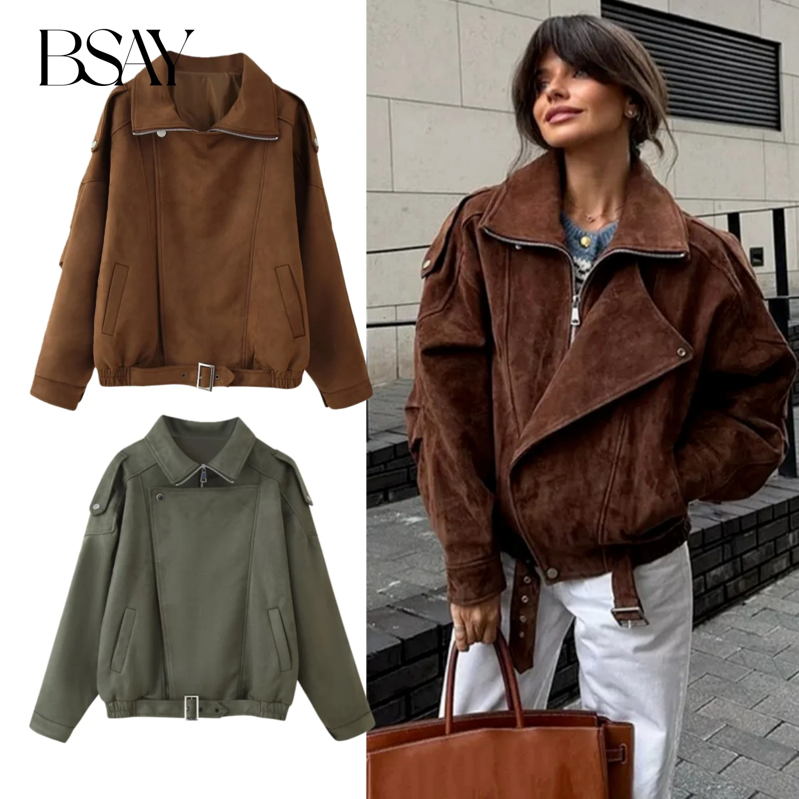 BSAY fashion suede cut casual jacket retro lapel solid color zipper short jacket 2025 autumn women's new shoulder padded jacket