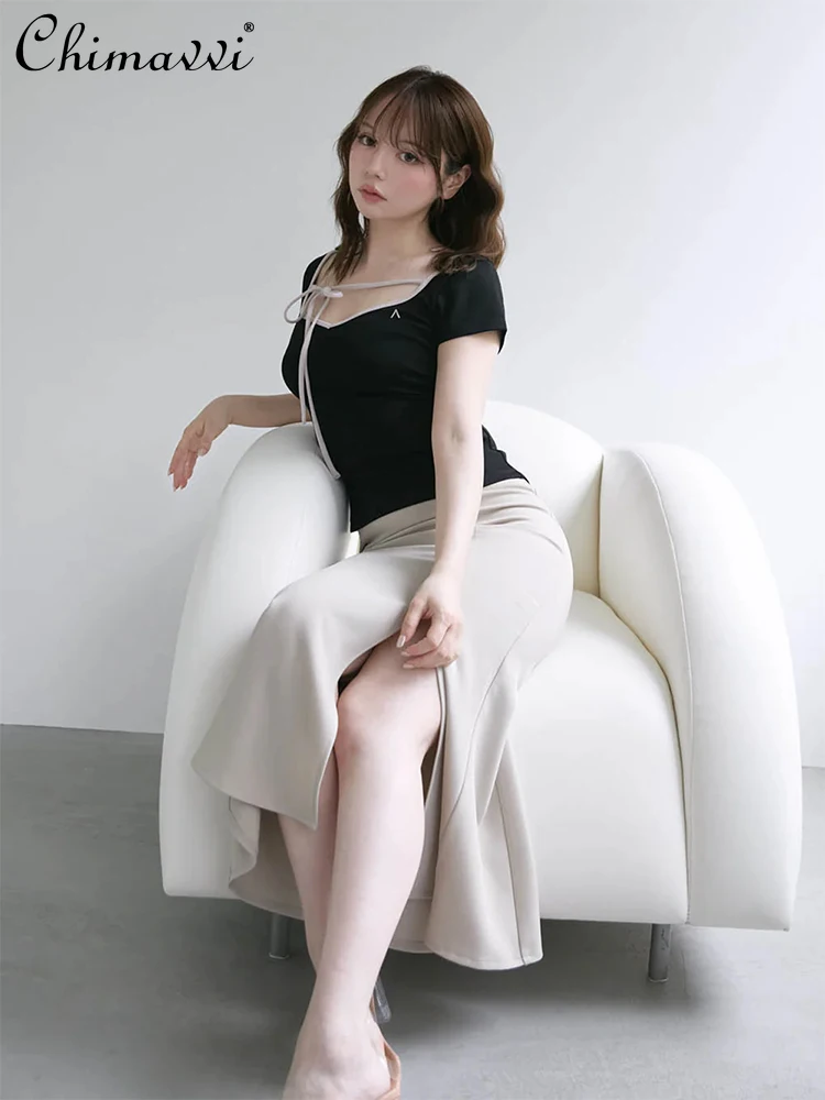 

New Japanese Style Pure Desire Tie Neck Backless Stretch Short Sleeve T-Shirt Sweet Girl Slim-fit Elegant Women's Y2K Tees Top