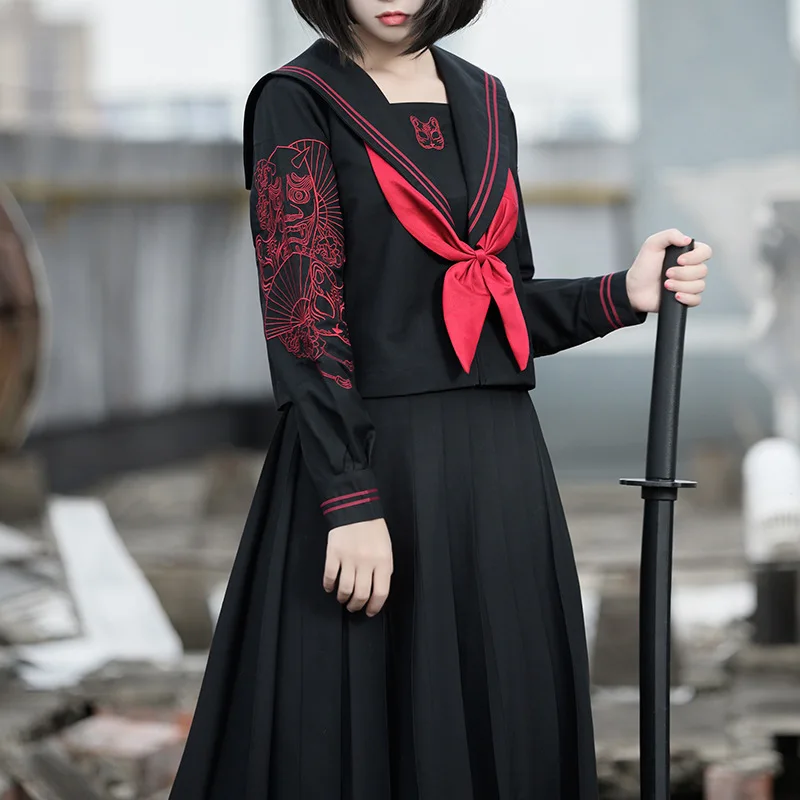 Uniforme giapponese coreana ortodossa Jk ricamata gonna lunga bianca nera cattiva ragazza abito da marinaio abito da laurea set completo per le donne