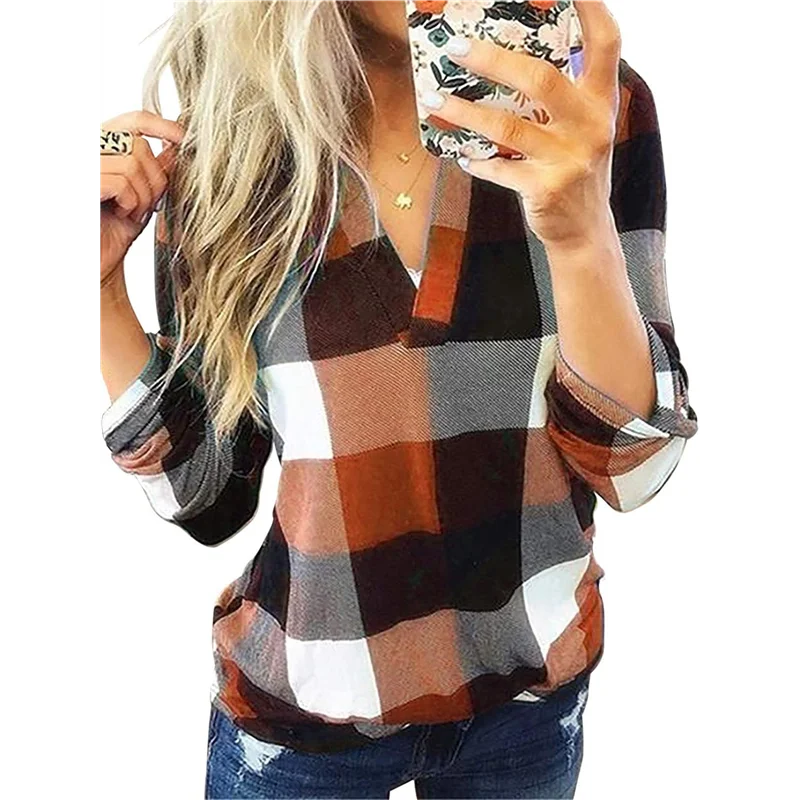 

A83F-Womens Basic Casual V Neck Plaid Print Cuffed Long Sleeve Work Tops Blouses Shirts