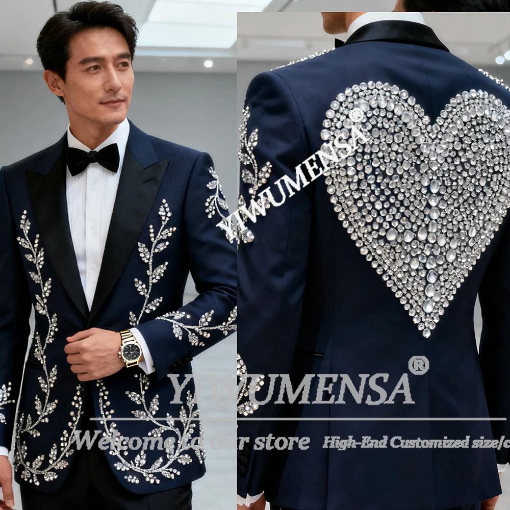 

Rhinestones Beaded Suit Men 2 Piece Set Single Breasted Prom Blazers Customized Groom Wedding Tuxedos Unique Design Ropa Hombre