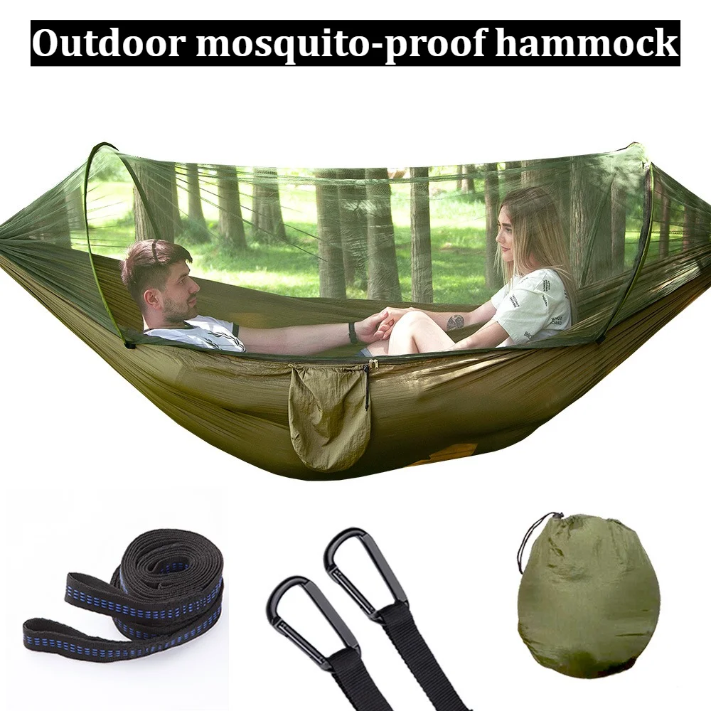 Outdoor Mosquito Net Hammock Automatic Quick Open Single Double Camping Swing Bed with Tree Straps for Hiking Backpacking Travel