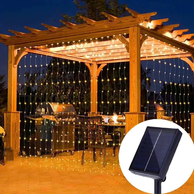 

Xmas LED Solar Curtain String Lights,8 Modes Solar Powered Fairy Lights For Wedding Party Patio Fence Window Gazebo Decorations