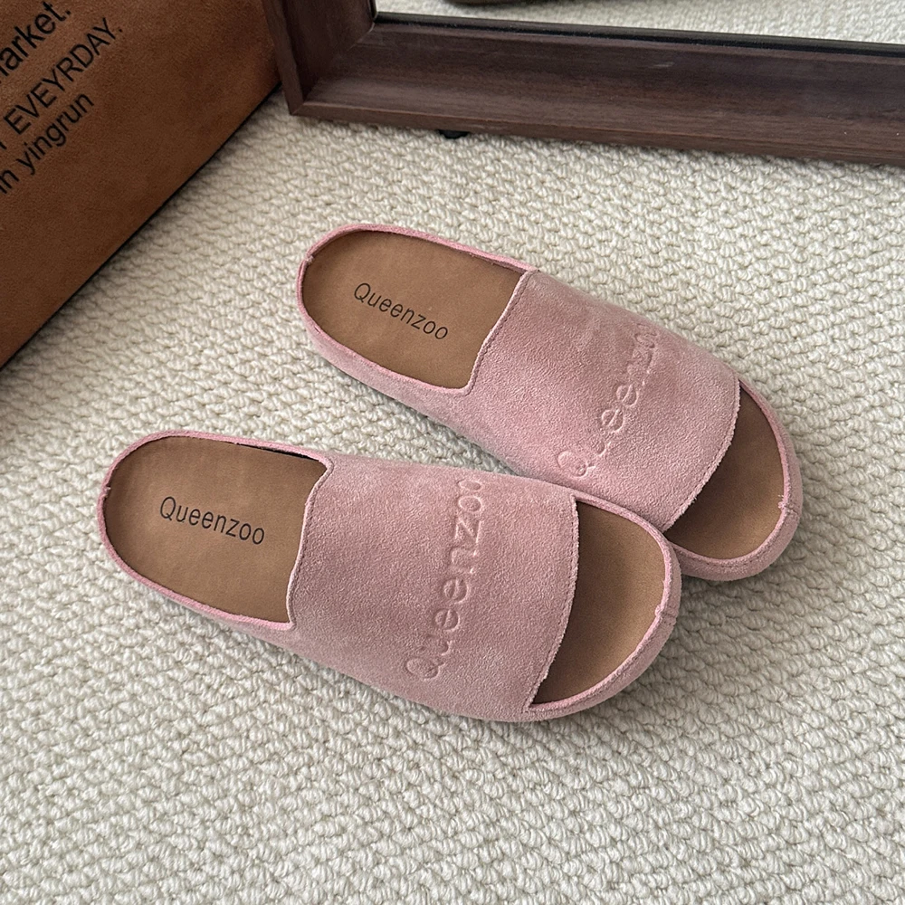Image of Neue frauen Hausschuhe Geschlossene Zehe Runde Kappe Wildleder Clogs Sandalen Herbst Neue Retro Einfarbig Flachen Boden frauen Slingback schuhe