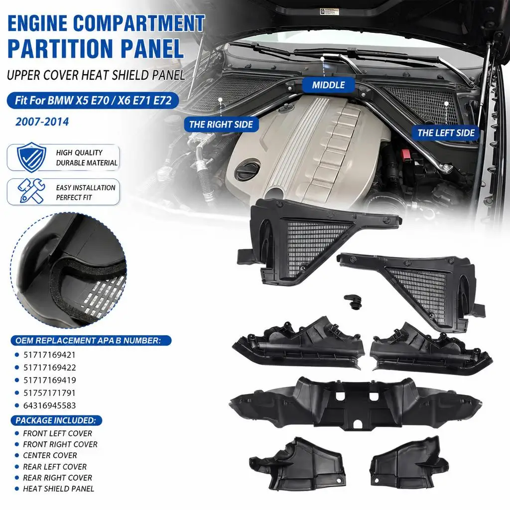 51717169421 Pannello Divisorio Vano Motore per BMW X5 E70/X6 E71 E72 2007-2014 51717169422 51717169419 Pannello di Protezione Termica Superiore del Motore 51757171791 64316945583
